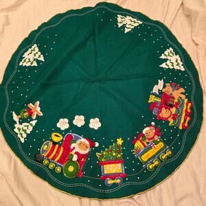 Vtg Bucilla Santa Teddy Express Felt Tree Skirt Round 41-43" Puffy Sequin